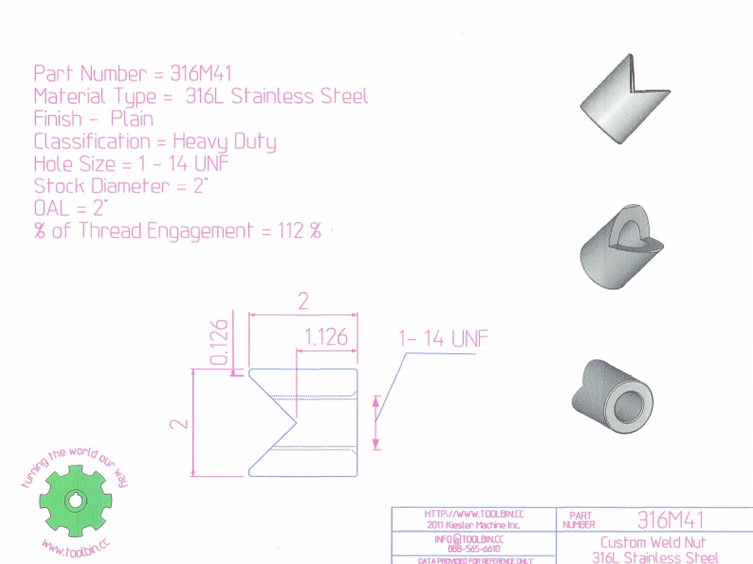 1 - 14 UNF 316L Stainless Steel Heavy Duty Weld Nut