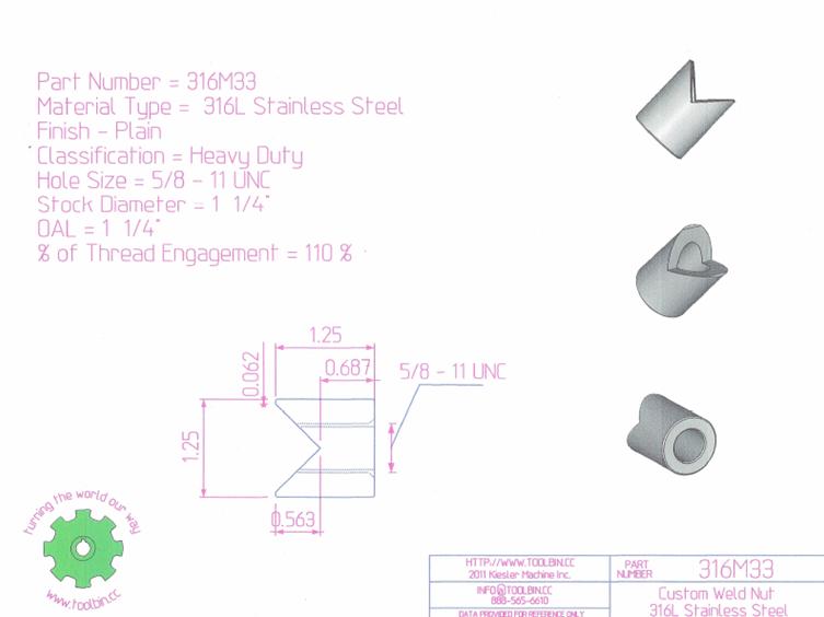 5/8 - 11 UNC 316L Stainless Steel Heavy Duty Weld Nut